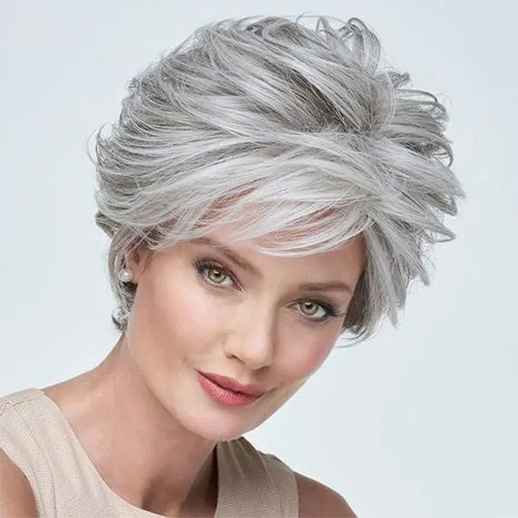 FH grey short pixie wig women natural wave synthetic luxury wig