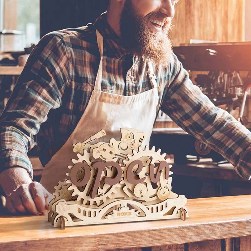 Robotime Rokr Contraption Mechanical Models LK506 DIY Handmade Assembled Open Closed Sign 3D Wooden Puzzles