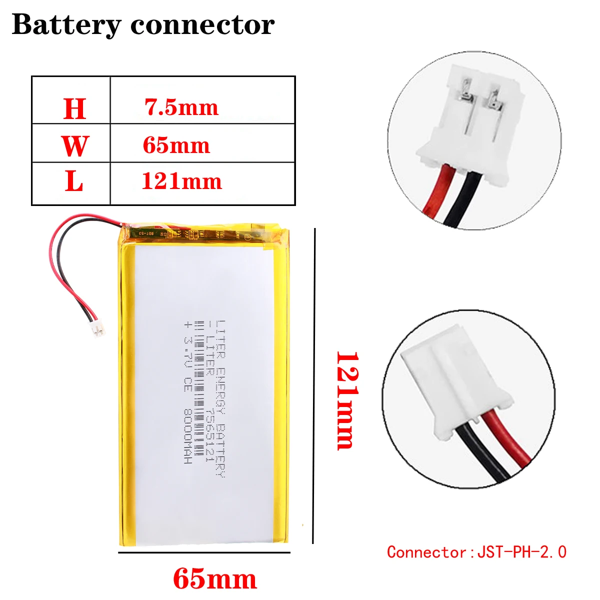 3.7v 7565121 8000mah lithium polymer battery for power bank With 2pin PH 2.0mm connector