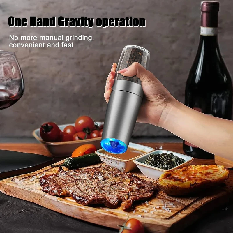Hot Selling Adjustable Spice Black Pepper Grinder Mill with Blue Light Automatic Gravity Electric Salt and Pepper Mill Set Of 2