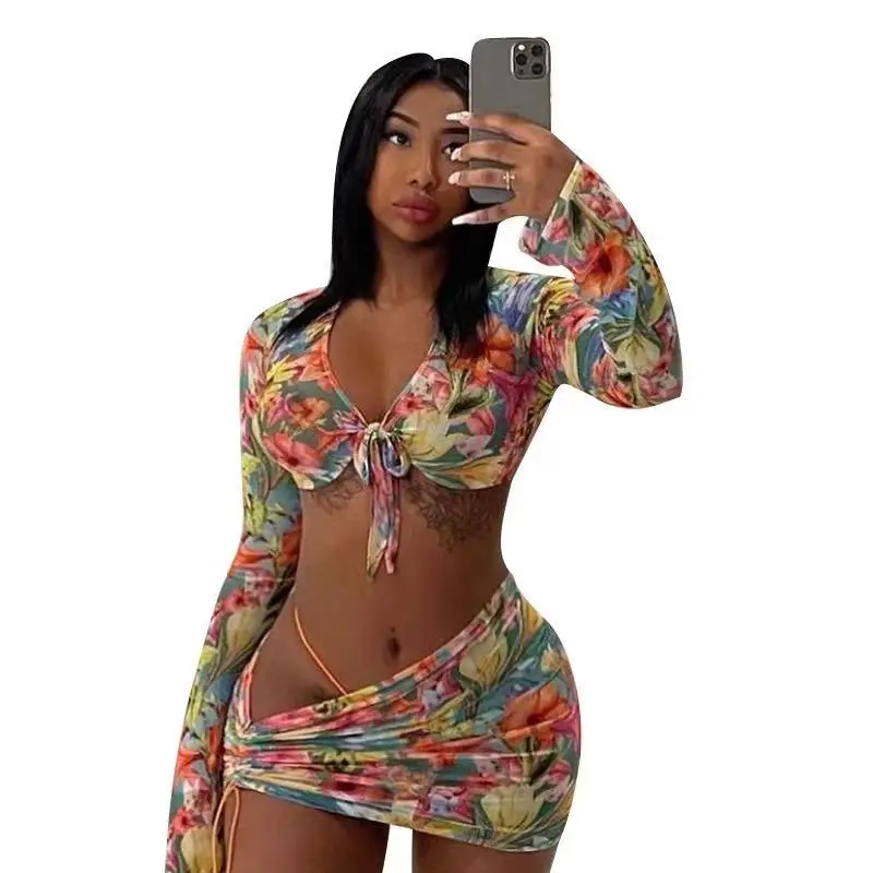 
Sexy Mesh Sheer 3 Piece Set Club Birthday Outfits for Women Beach Vacation Summer Clothes Crop Top Skirt Matching Sets 
