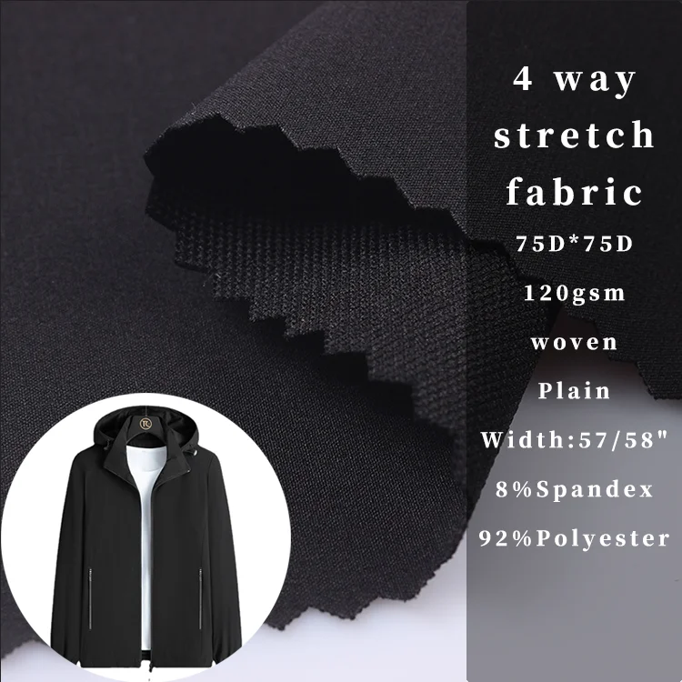 Customized colorful free samplie 75D 92% Polyester 8% spandex woven 4 way stretch fabric for jacket golf pants fabric