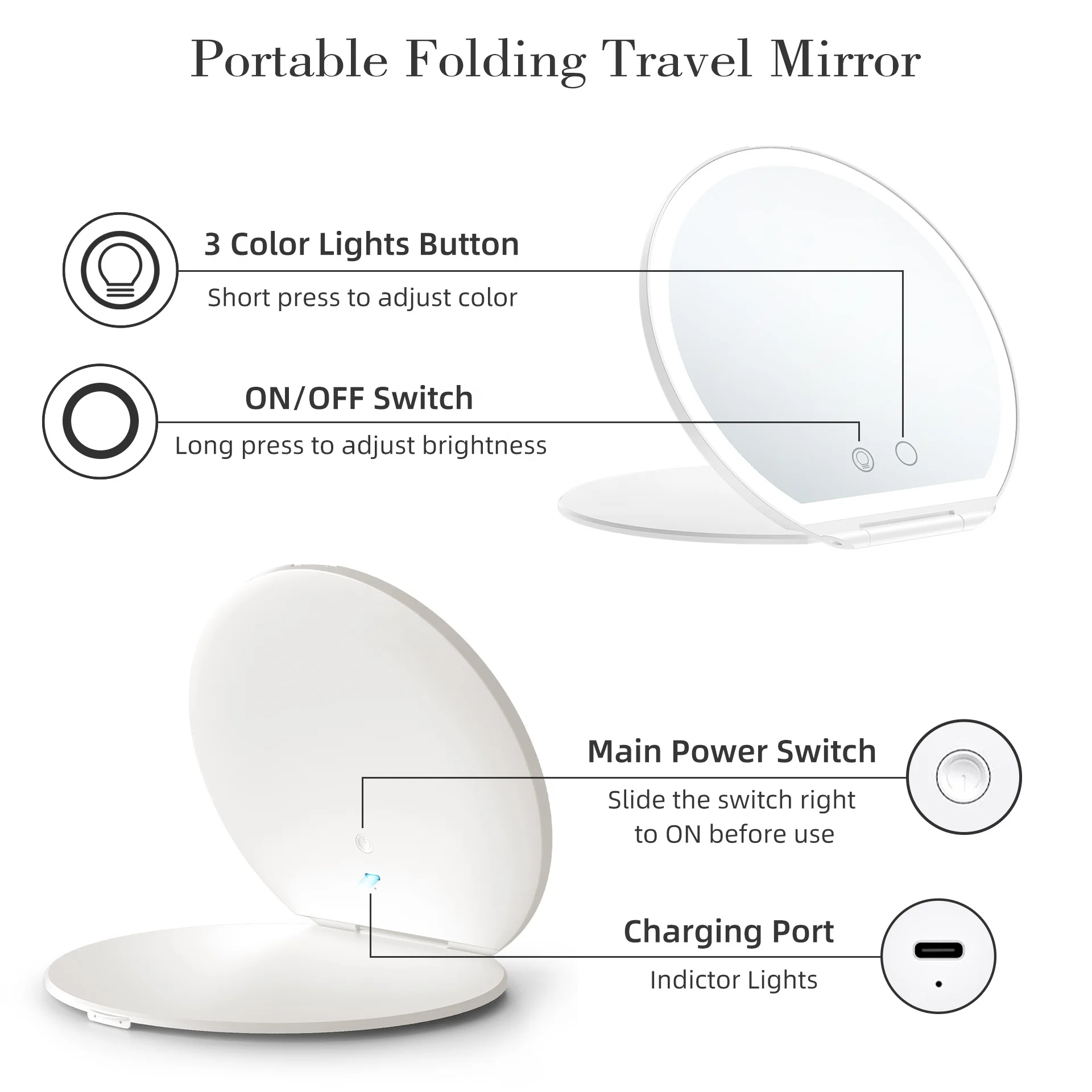 2023 New Arrivals Half Round Rechargeable Travel Makeup Mirror with Lights LED Portable Cosmetic Compact Mirror With Cover Case