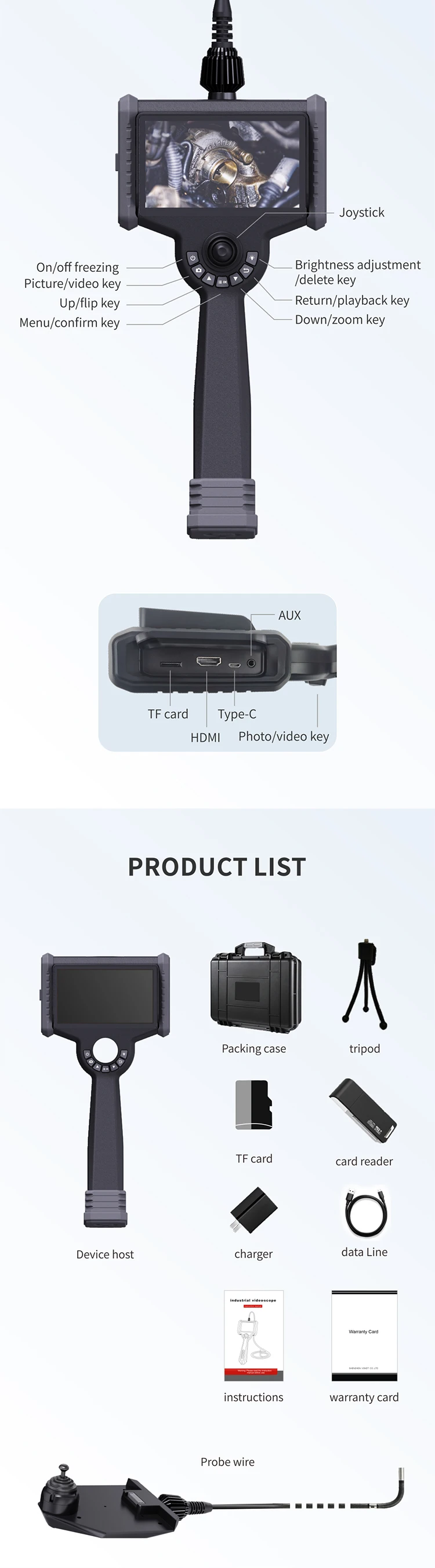 1.8mm 2mm 4mm 6mm Articulating Video Endoscope 1080P Borescope Industrial Wifi USB Endoscope Camera with Dual Lens