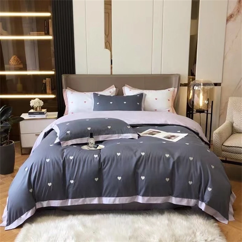 Pink Love Heart Embroidered Quilt Cover 4 Piece Set 100% Cotton Korean Girls Lovely Bedding Duvet Cover Cotton