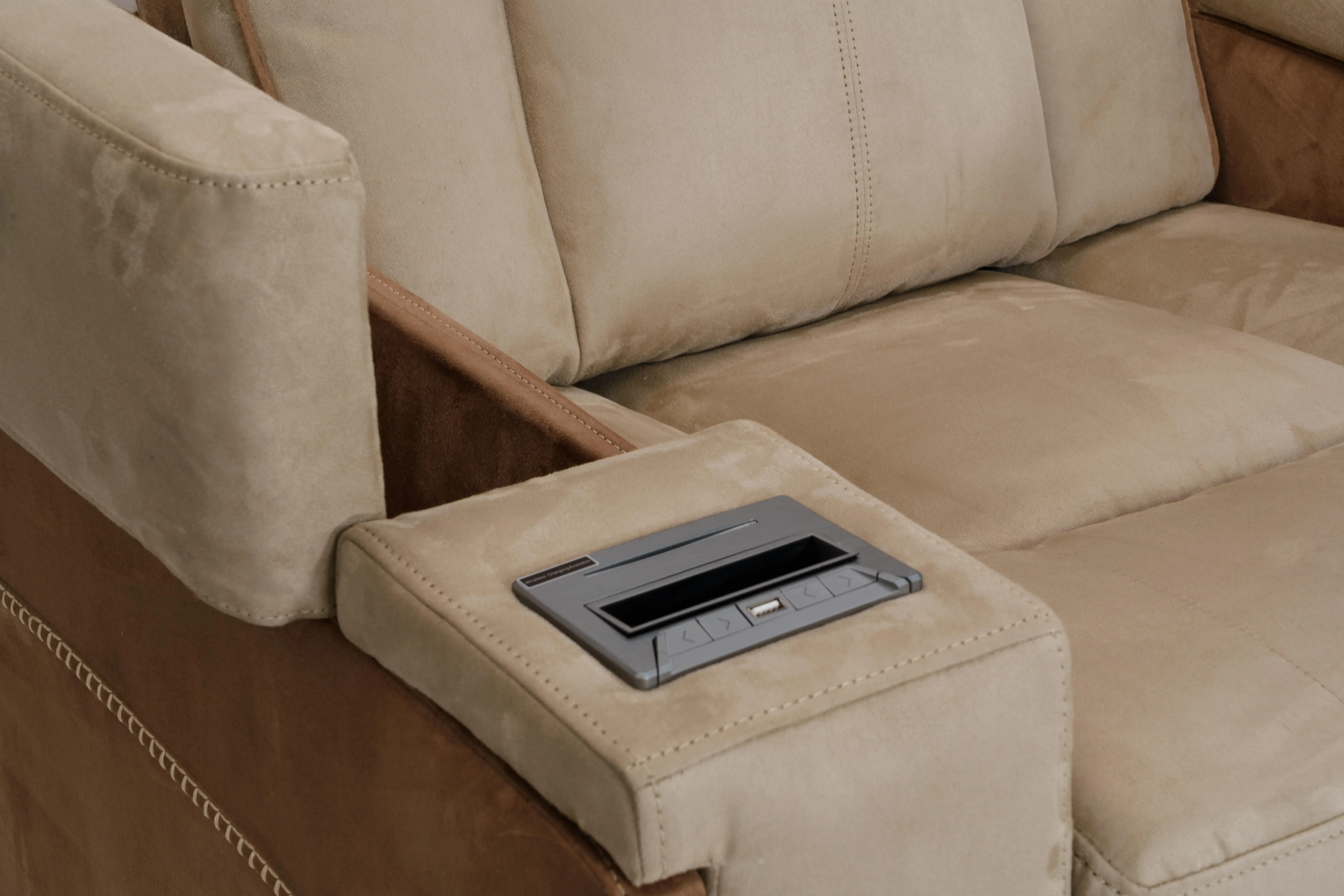 Factory Direct White Leather 4 3 2 1 Cinema Home Theater Sofa With Cup Holders,Computer Table,Storage Arm