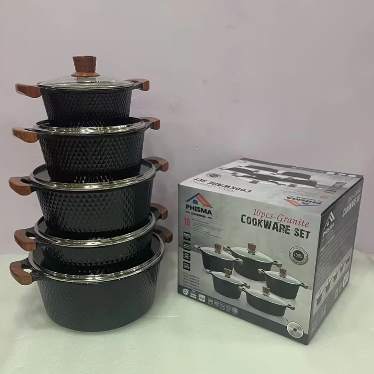 High Quality Black White 10 Pieces Cast Aluminium Granite Cooking Pots Cookware Set for Induction Cooker