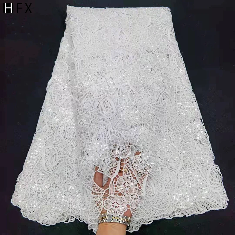 HFX Pure white Embroidered Nigerian cord Lace Fabric Bridal High Quality French guipure net lace For Women wedding Dress 5 Yards (62085290836)