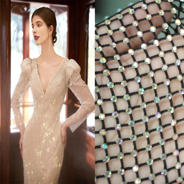 Wholesale 100% Polyester  Crystal  Diamond  Beaded Mesh Fabric Embroidery Sequin Elasticity Wedding Fabric For Party Dress