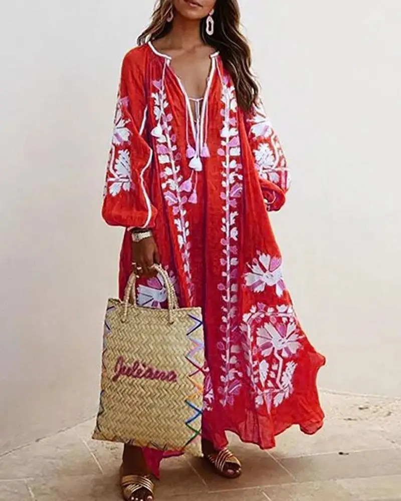 Summer beach boho V-neck Long Sleeve Printed Loose maxi women elegant Casual dress
