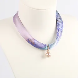 RTS Korean style printed silk scarf magnetic button necklace silk designer scarf lazy clavicle pendant silk square scarf women