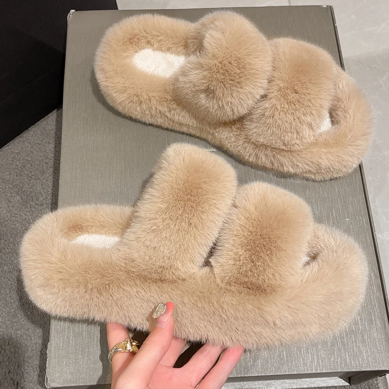 2023 New Soft Plush Furry Open Toe Imitated Rabbit Fur Slides Fuzzy Fluffy House Indoor Shaggy Slippers For Ladies plush slipper