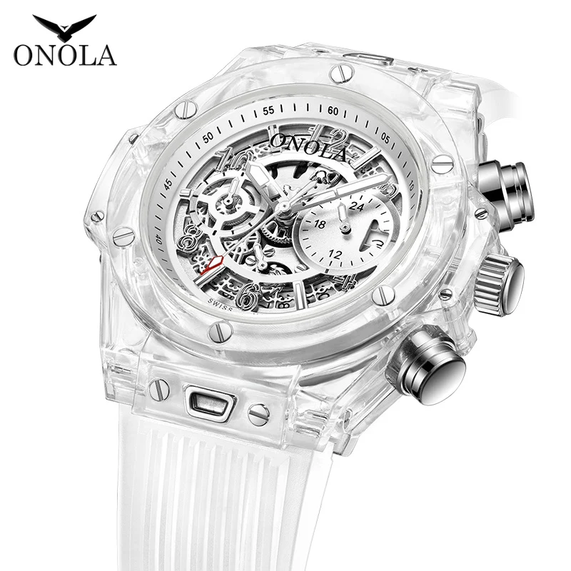 ONOLA 6812 Silicone Sports Transparent Skeleton Creative Men Quartz Wristwatches Chronograph Watches Men Wrist