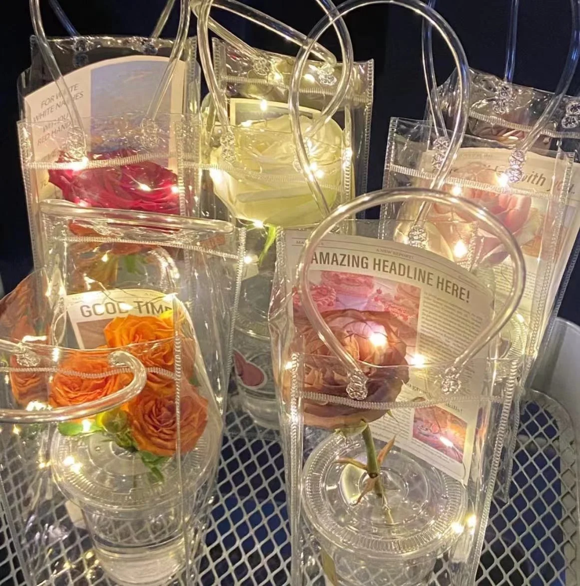 Influencers Tools Fresh Flowers Cup Take Away Pvc Bag with Bowknot Transparent