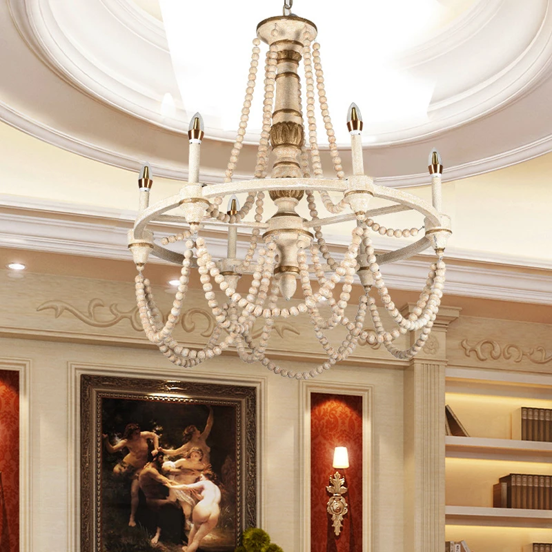 Farmhouse Wood Beaded White Color Chandelier for Dining Room Entryway Light Fixtures