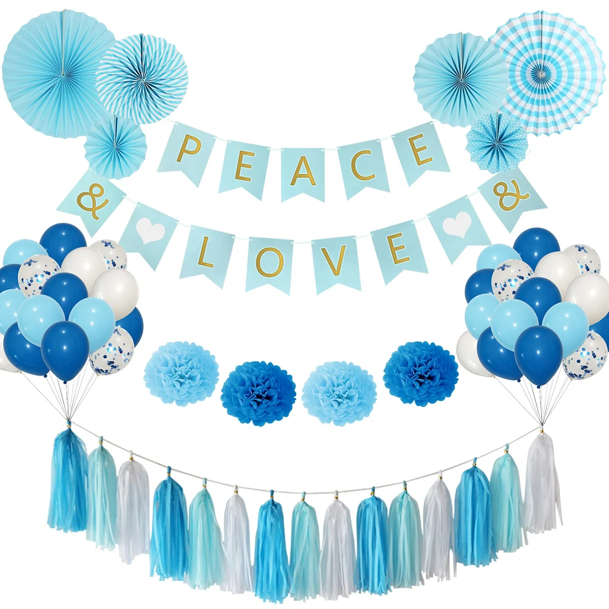 
2020 New Design Peace and Love Blue Theme Party Decoration Supplies ,Including Banner Paper Fans Tassels Balloons 
