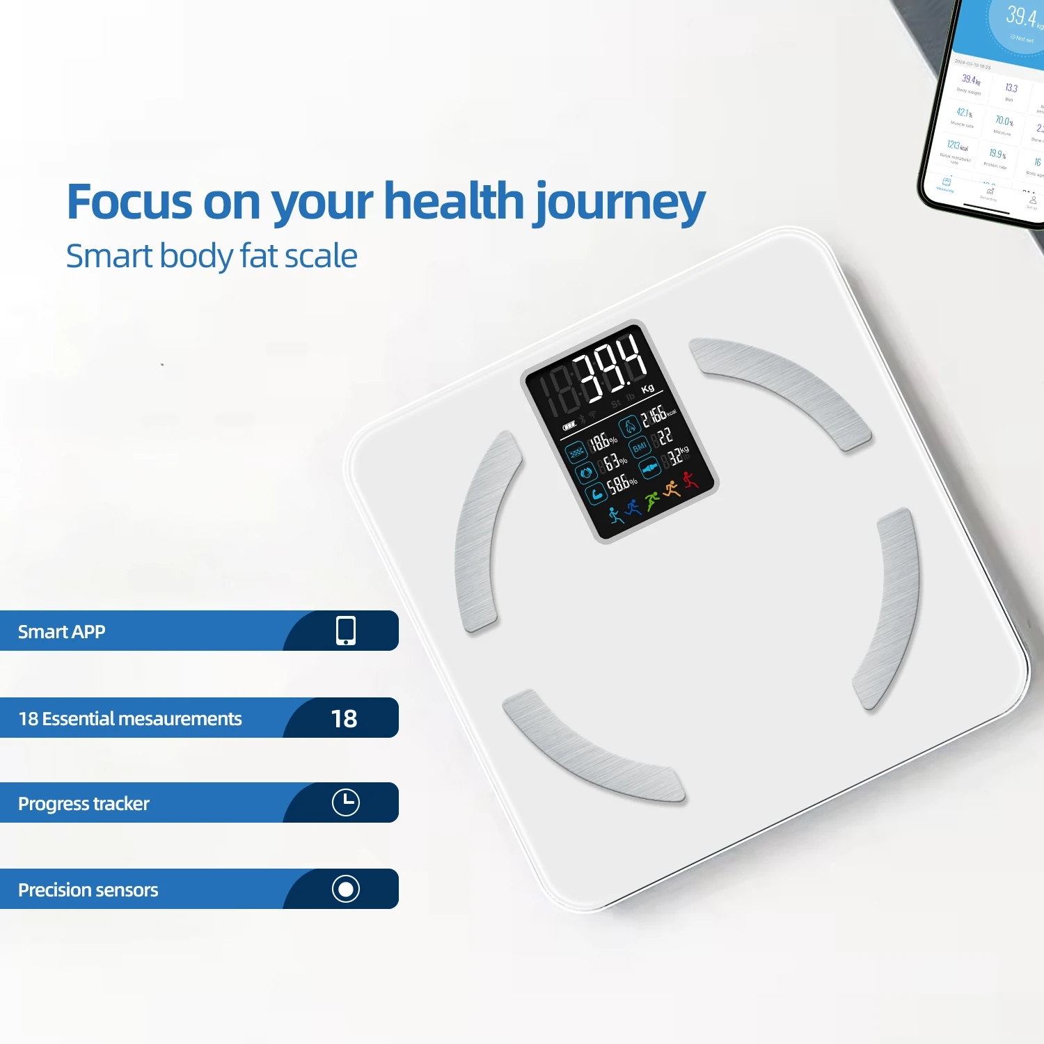 Fashionable Big Screen Tempered Glass Panel BT Body Fat Scale Smart Scale For Body Weight And Fat Digital