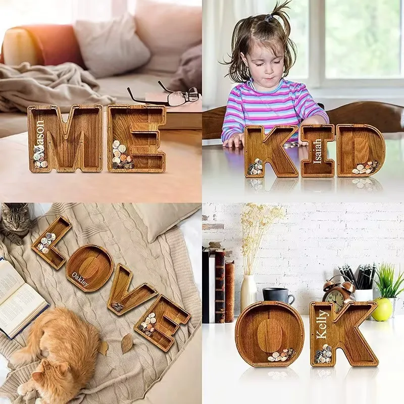 Piggy Bank Money Box Coin Bank Letter Stick Gift Letter Piggy Bank Personalized Custom Wooden Birthday for Boys Girls Adults