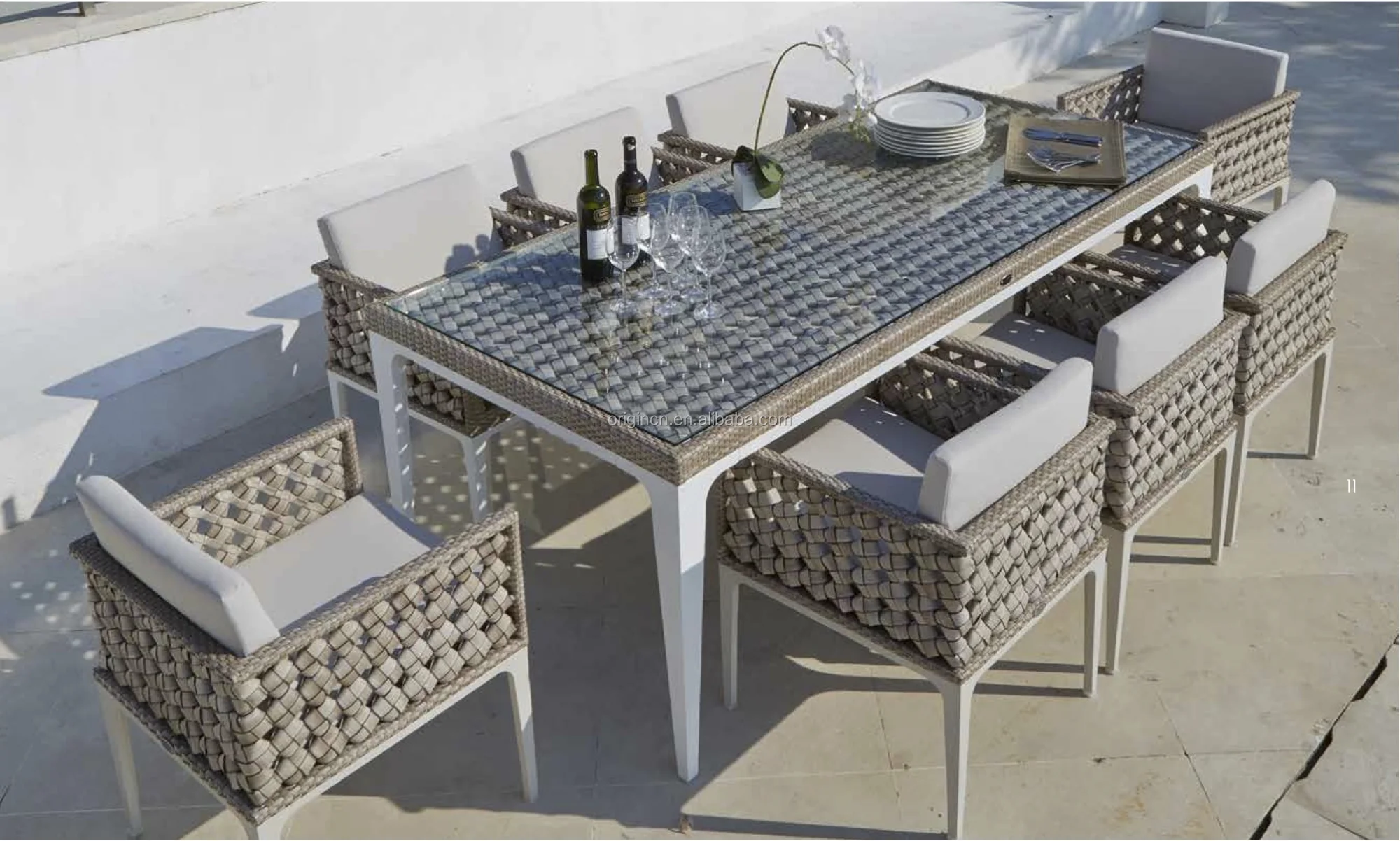 Luxury synthetic rattan 5 star hotel 8 seaters dining set glass top table outdoor furniture turkey