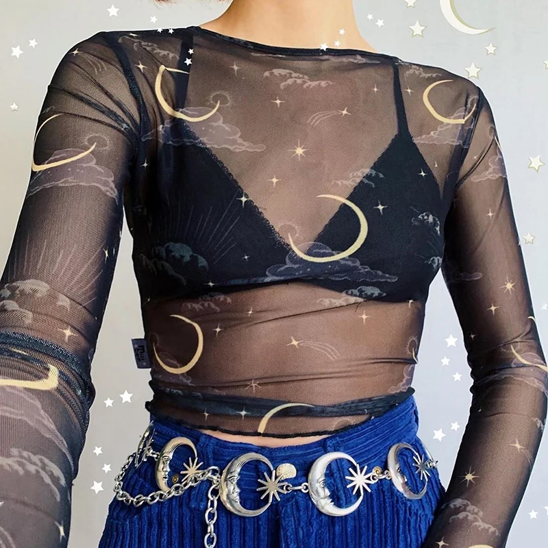 
Kakhi Long Sleeve Angel Printed Mesh Basic Tee Shirts Perspective Elastic Streetwear Wholesale Tops 