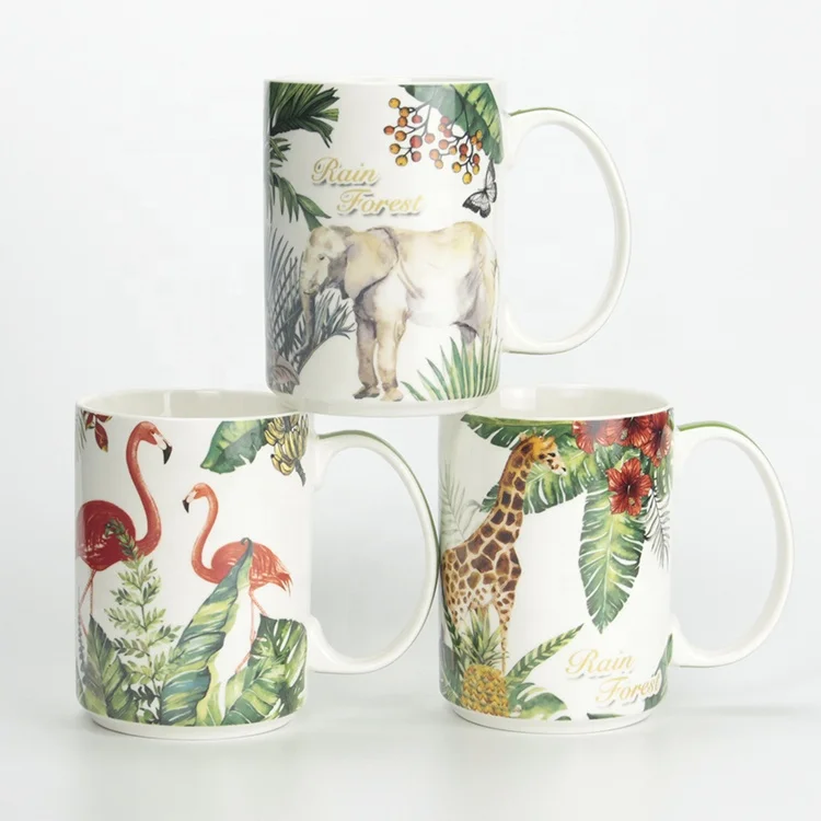 Custom elephant print fully wrapped ceramic wholesale porcelain mugs