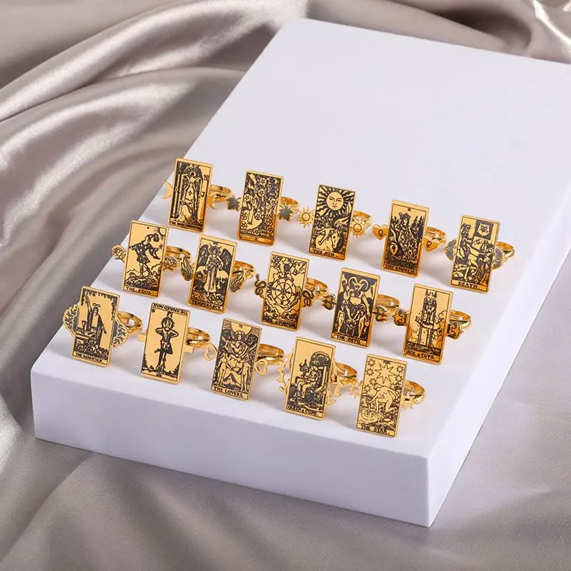 18K Gold Plated Vintage Heart Ring Retro Opening Rings Astrology Divination Magic Amulet Tarot Cards Rings
