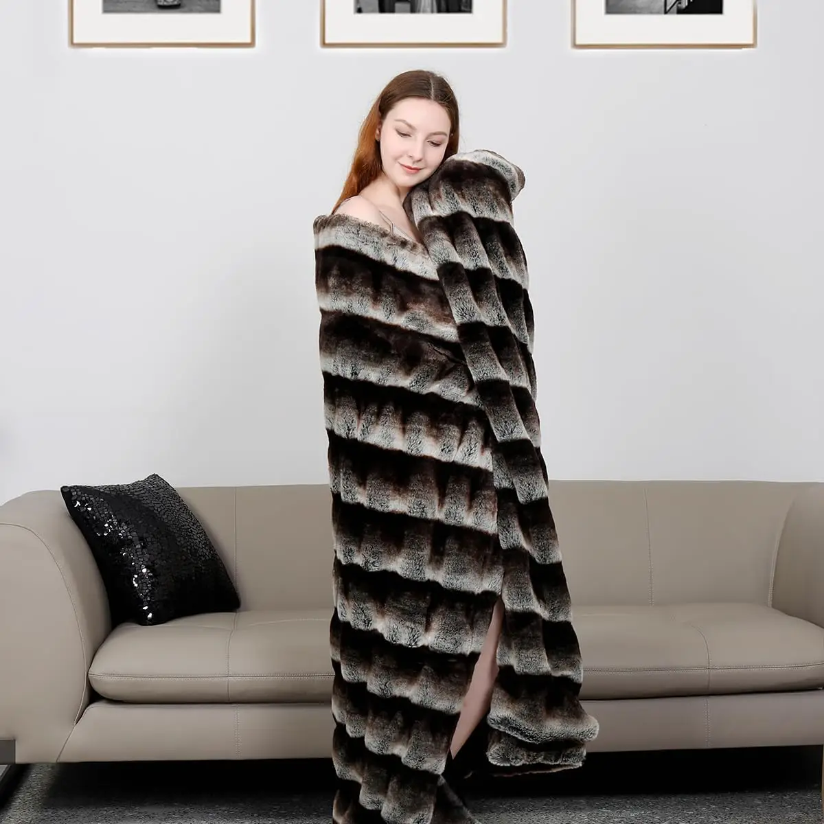 Grey Chinchilla Luxury Faux Fur Throw Blanket Mink Fur Warm Blanket for Couch Sofa Decor Bedding Room