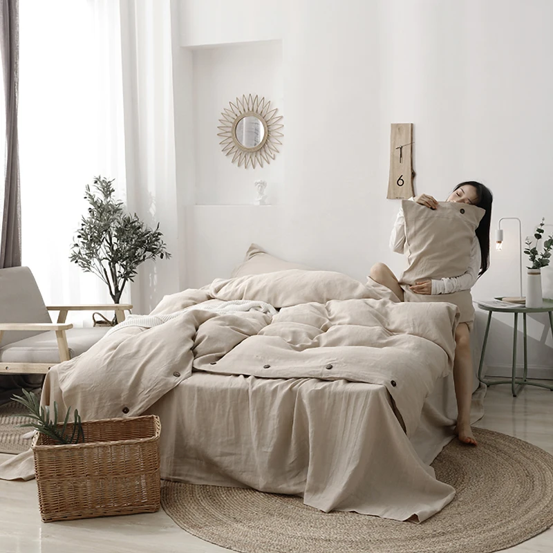 4 Pcs Linen Bedding Set Comforter Home European Style Natural Duvet Cover Bed sheet Flax Textile Quilt Bedsheets