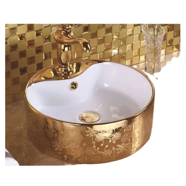 Round Shape Flower Picture Printed Gold Ceramic Bathroom Sink
