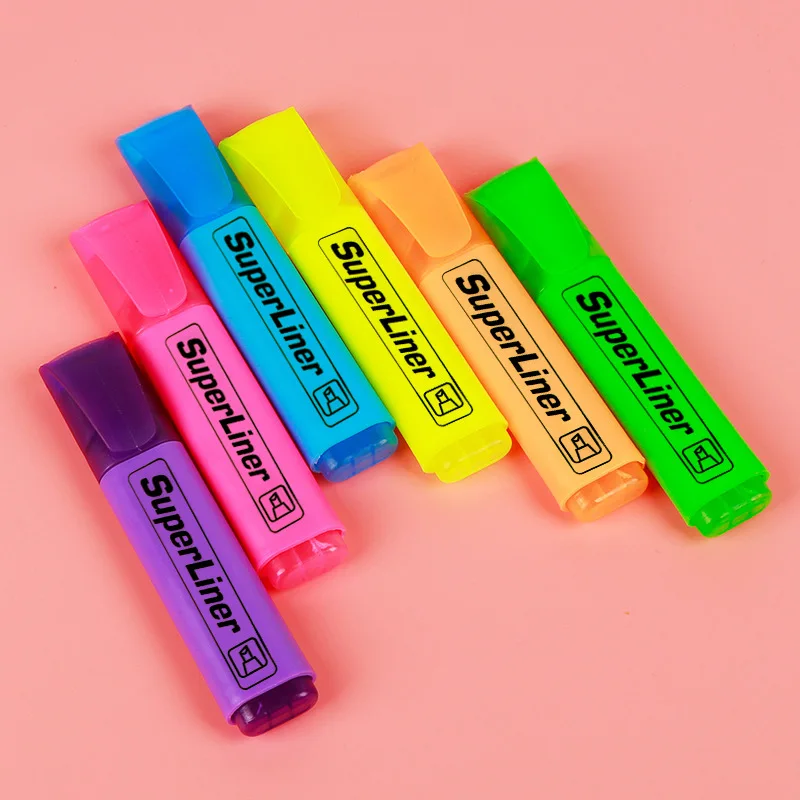 2024 office and school supplies glitter red pink blue purple colorful cheap 4 colors fluorescent yellow highlighter chisel tip