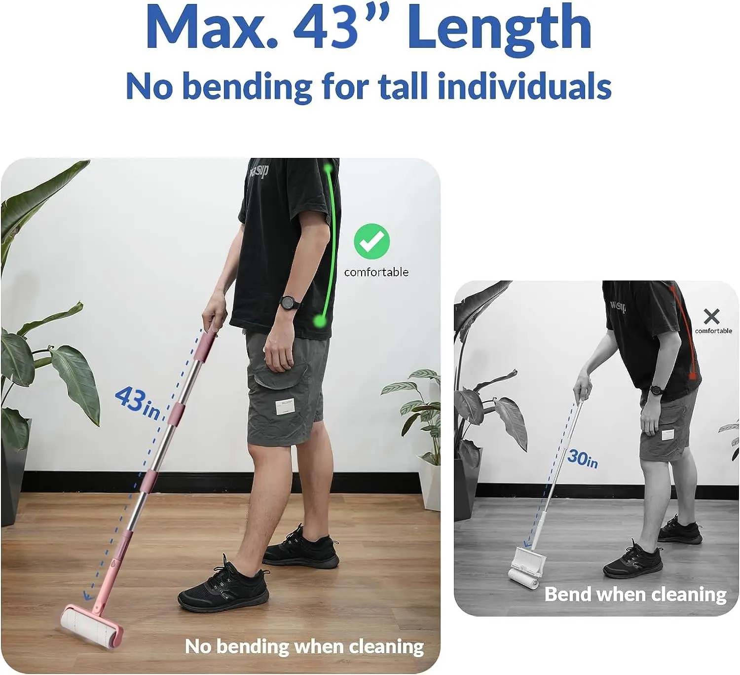 Extendable Long Lint Roller With Dust-Proof Cover Includes 3 Refills 180 Sheets for Furniture Clothes Floor Carpet Curtains