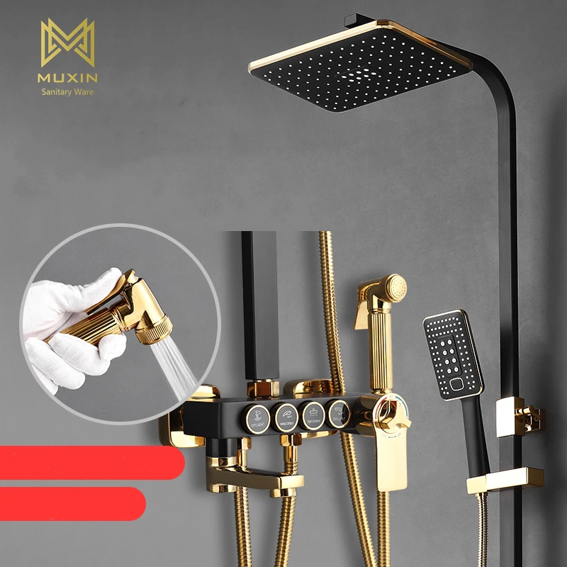 MUXIN  Hot Cold Shower Set Brass Smart  Thermostatic System Shower SPA Wall Mount Full Kit Faucet multi function shower set