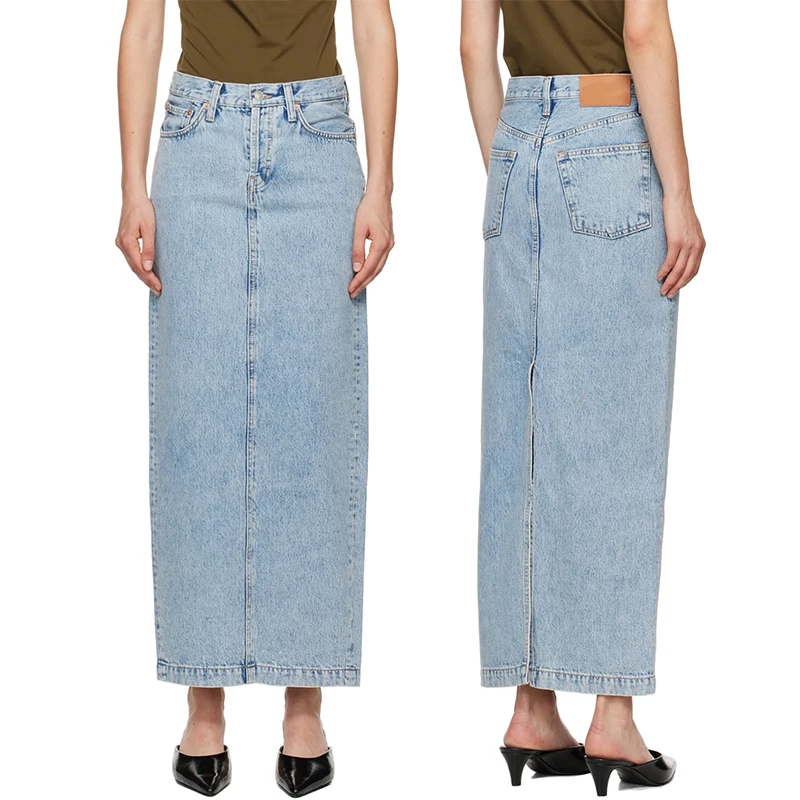 European Chic Blue Faded Button Fly Split Slim Midi Jeans Skirt Retro High Waist Casual Denim Pencil Skirt