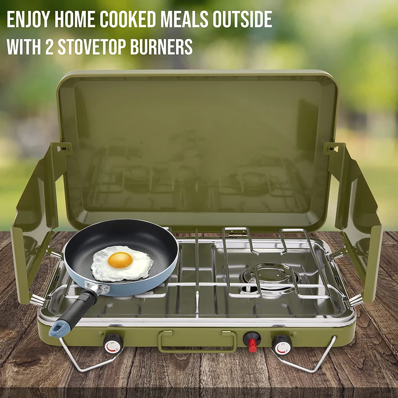 Kingpool 2 Burner Foldable Outdoor Barbecue BBQ Camping Gas Stoves Portable Hiking Tourist Butane Propane Gas Stove for Picnic