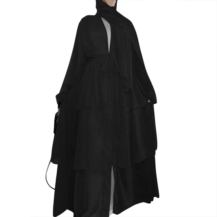 Turkey Arab Oman Elegant Chiffon Kimono For Women Muslim Solid Color 3 Layers Open Islamic Clothing Muslim Dresses Abaya