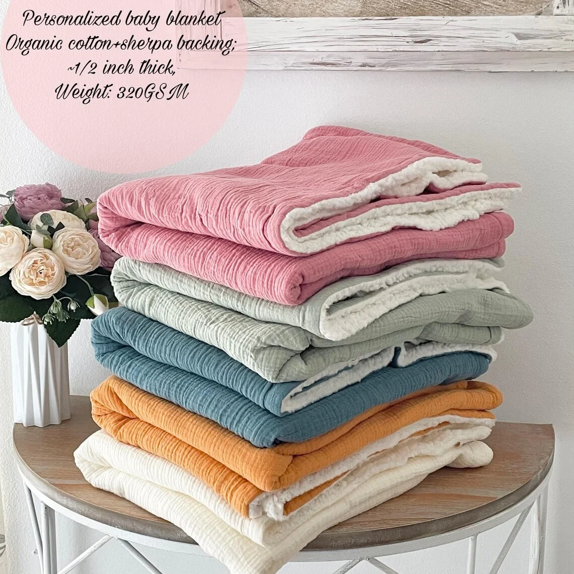 Custom Baby Blanket Baby Shower Gift  Organic Muslin Cotton Sherpa Throw Cozy Soft Cotton