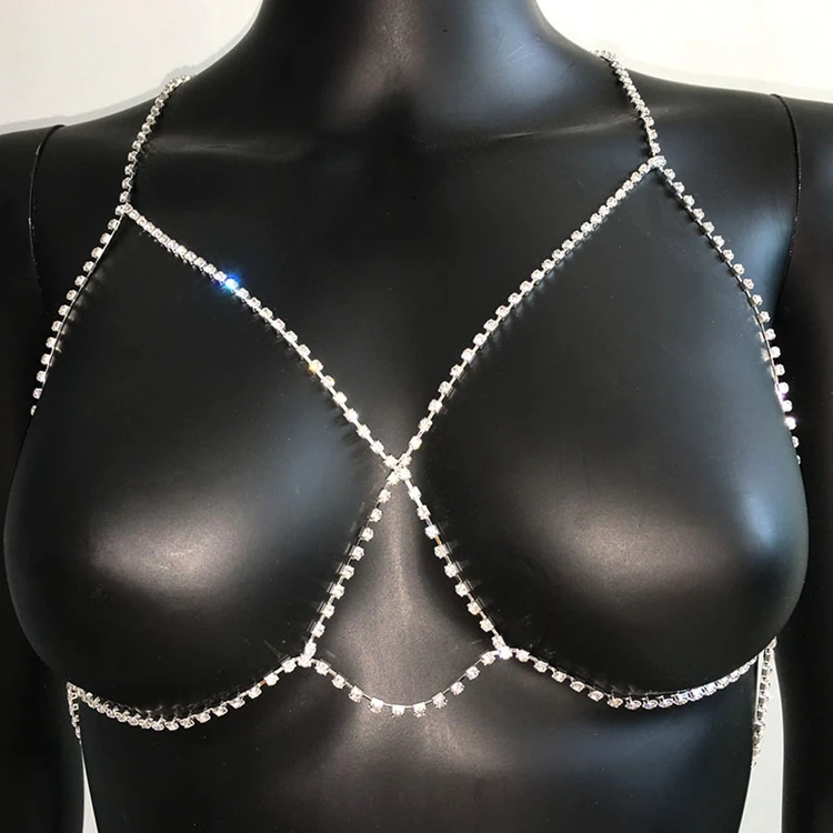 New Fashion Sexy Crystal Bralette Body Chain for Women Simple Cross Chest Chain Fine Jewelry Accessories Rhinestone Bikini Top