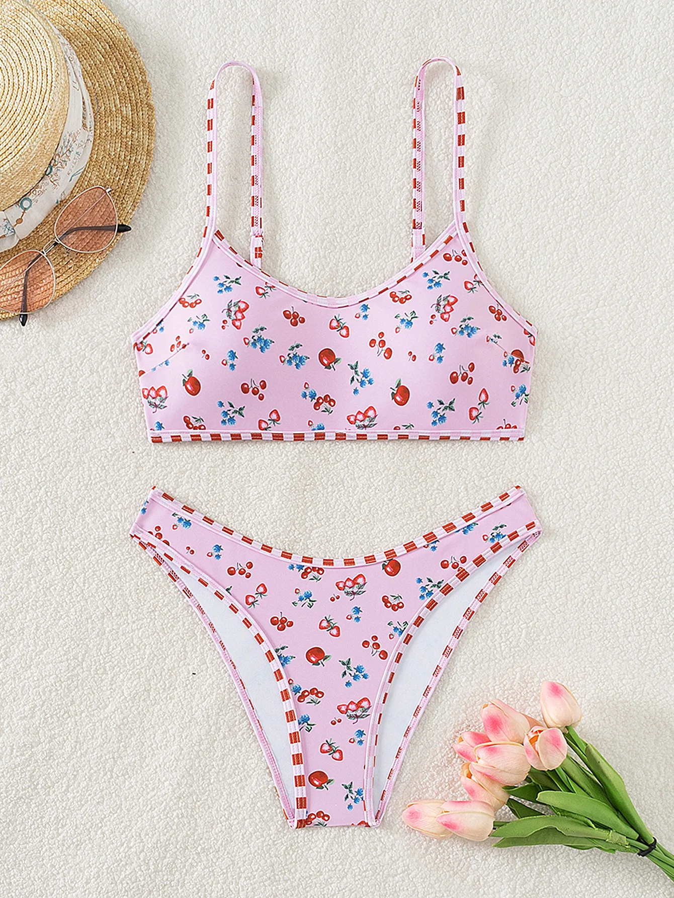 Custom Flower Print High Waist Swimsuit Sexy Triangle Bikini Set Fashion Women Swimwear Beachwear 2024