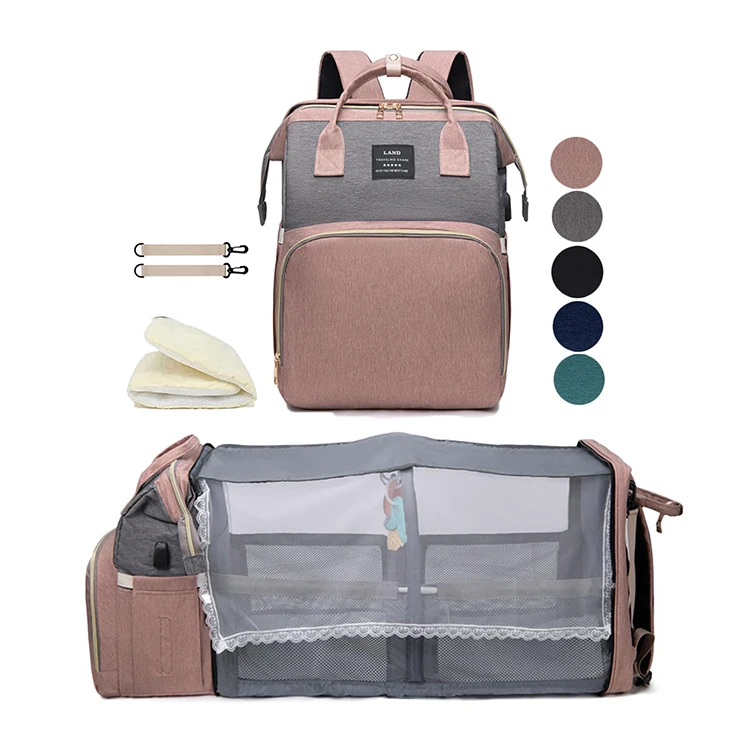Luxury Bag Storage Travel Baby Mommy Diaper Portable Bag Folding Mommy Bag Backpack With Changing Station Bed
