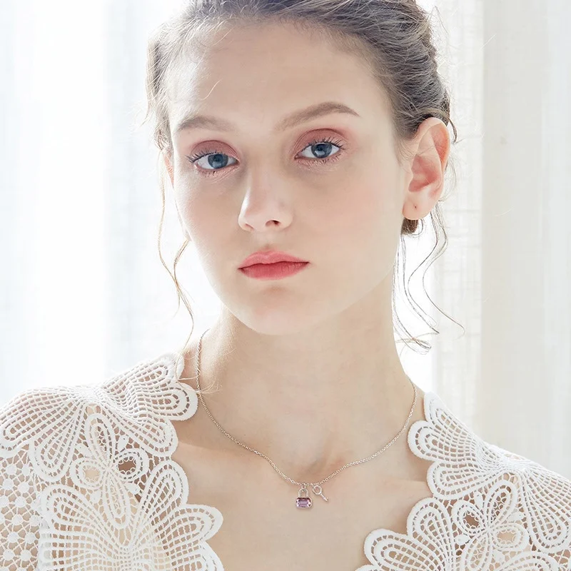 CDE Silver 925 Sterling Silver Pink Austrian Crystal Lock And Key Necklace For Women