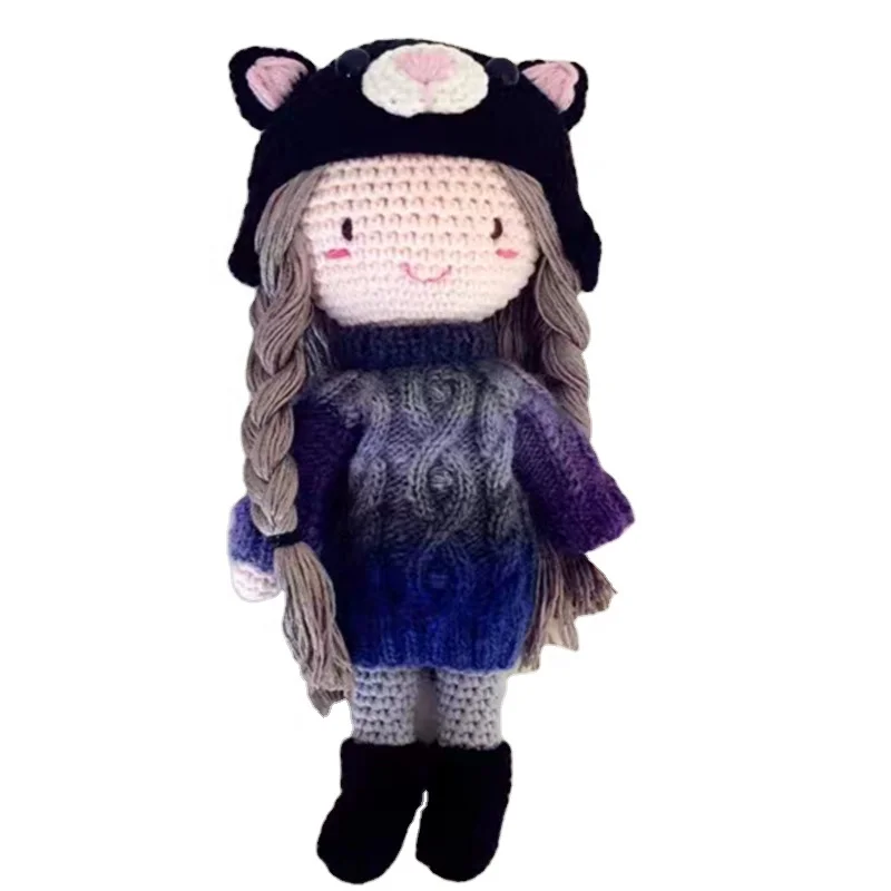 Wholesale Custom Design High Quality Crochet Long Hair Girl Doll Stuffed Toy Amigurumi Doll Toy With Hat and Coat
