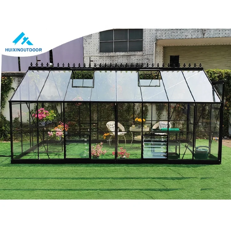 Heavy duty garden glass metal green house aluminum frame outdoor glasshouse kit luxury prefab winter plant greenhouse for home