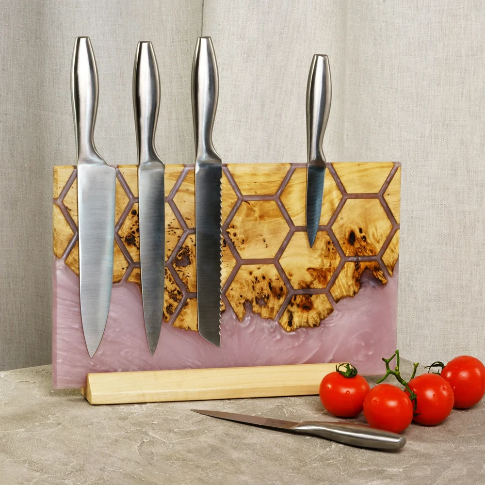 Premium wooden home kitchen strong magnetic knife block knife holder epoxy decorative with cutting board in set