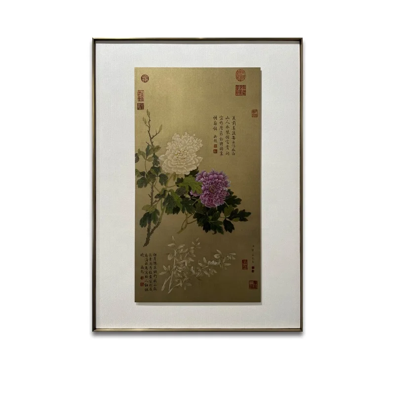 Chinese ancient style flower painting hotel wall art indoor home decorative copper plate linen metal frame painting