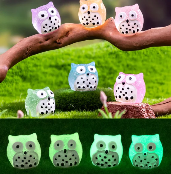 miniature luminous terrarium figurine lucky owl resin small animals sculpture statue growing in the dark fairy garden decoration