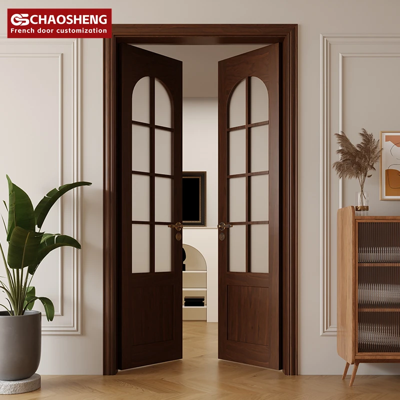 Interior arc arch glass swing door solid wood paint French study pair double-door