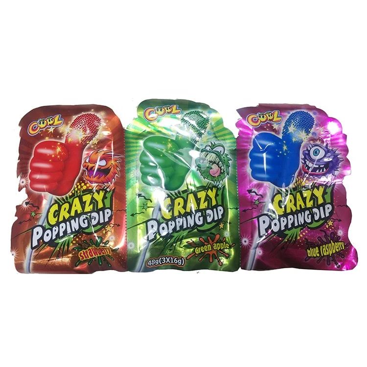 Wholesale 3-PCS OEM Halal Fruit Flavor Thumb Shape Magic Popping candy with lollipop on display box