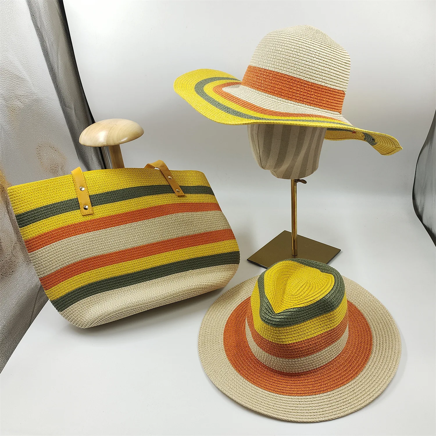 Summer Foldable Large Brim Striped Straw Hat And Woven Bag Set Men Women Outdoor Breathable Beach Sun Shade Jazz Hats