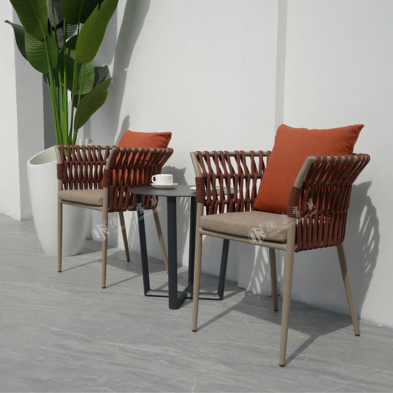 Outdoor Handmade Rope Weave Tea Tables And Chairs Bistro Aluminum Woven Chairs Set Garden Outdoor Hand Woven Chair
