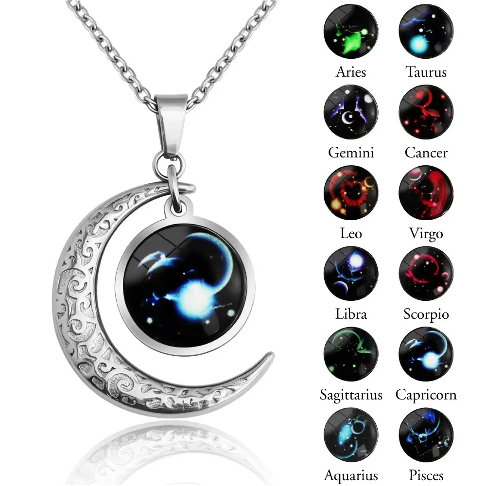 Fashion Style Twelve Constellations Luminous Glass Necklace Moon & Star Pendant for Party & Gift